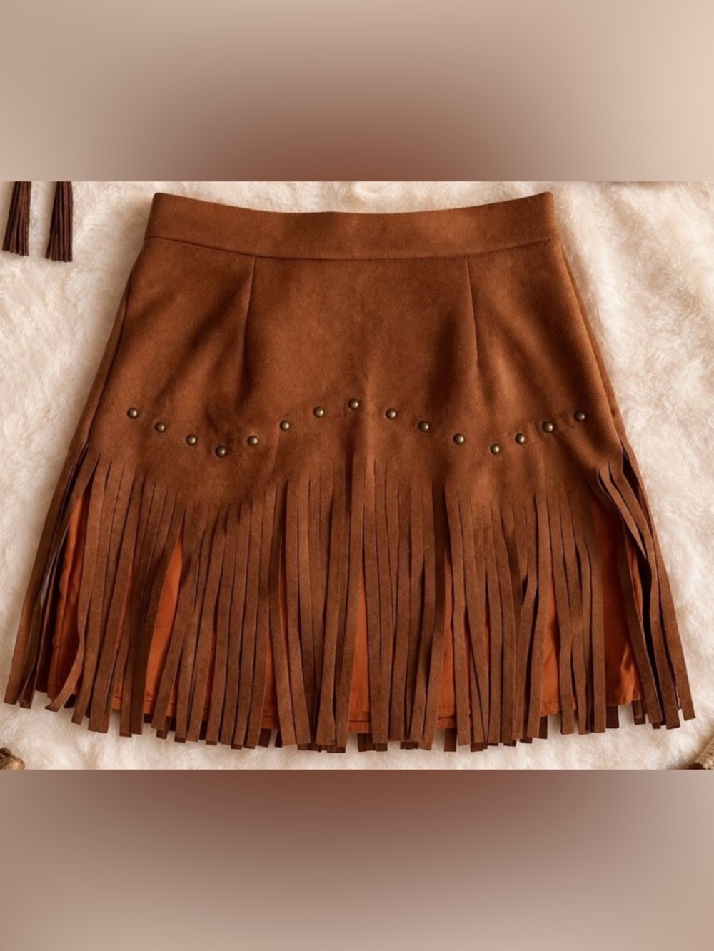 Fringe Suede Mini Skirt in Burnt Orange